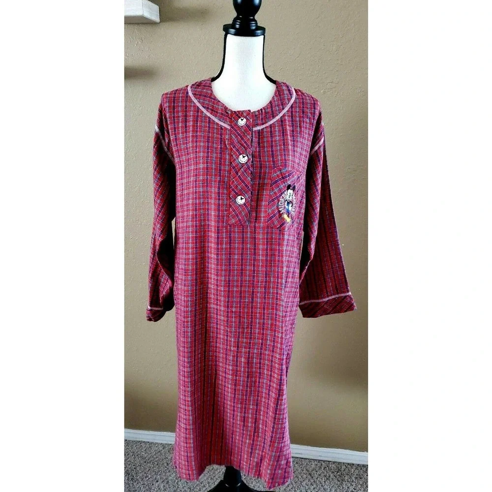 Vtg Disney Red Plaid Flannel Mickey Mouse Gown